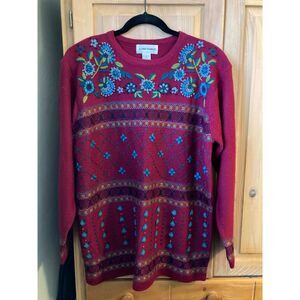 Alfred Dunner | Vintage 80s Wool Blend Floral Embroidered Crewneck Sweater | L